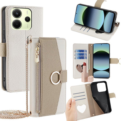Redmi Note 14 4G 163.25mm Crossbody Phone Case with Litchi Texture Leather, Adjustable Kickstand, Card Slots, Zipper Purse, Makeup Mirror, and TPU Protection