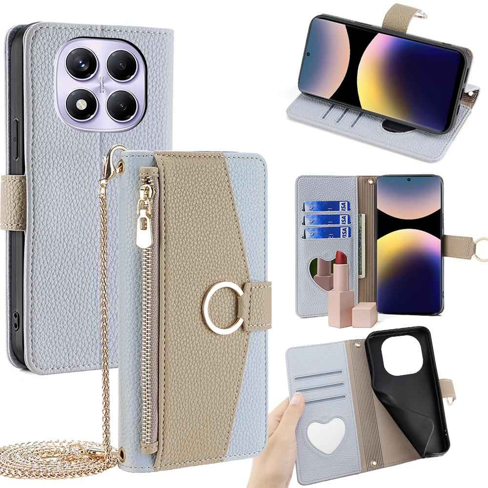Redmi Note 14 Pro 4G Crossbody Phone Case with Litchi Texture Leather, Adjustable Kickstand, Card Slots, Zipper Purse, Makeup Mirror, and TPU Protection