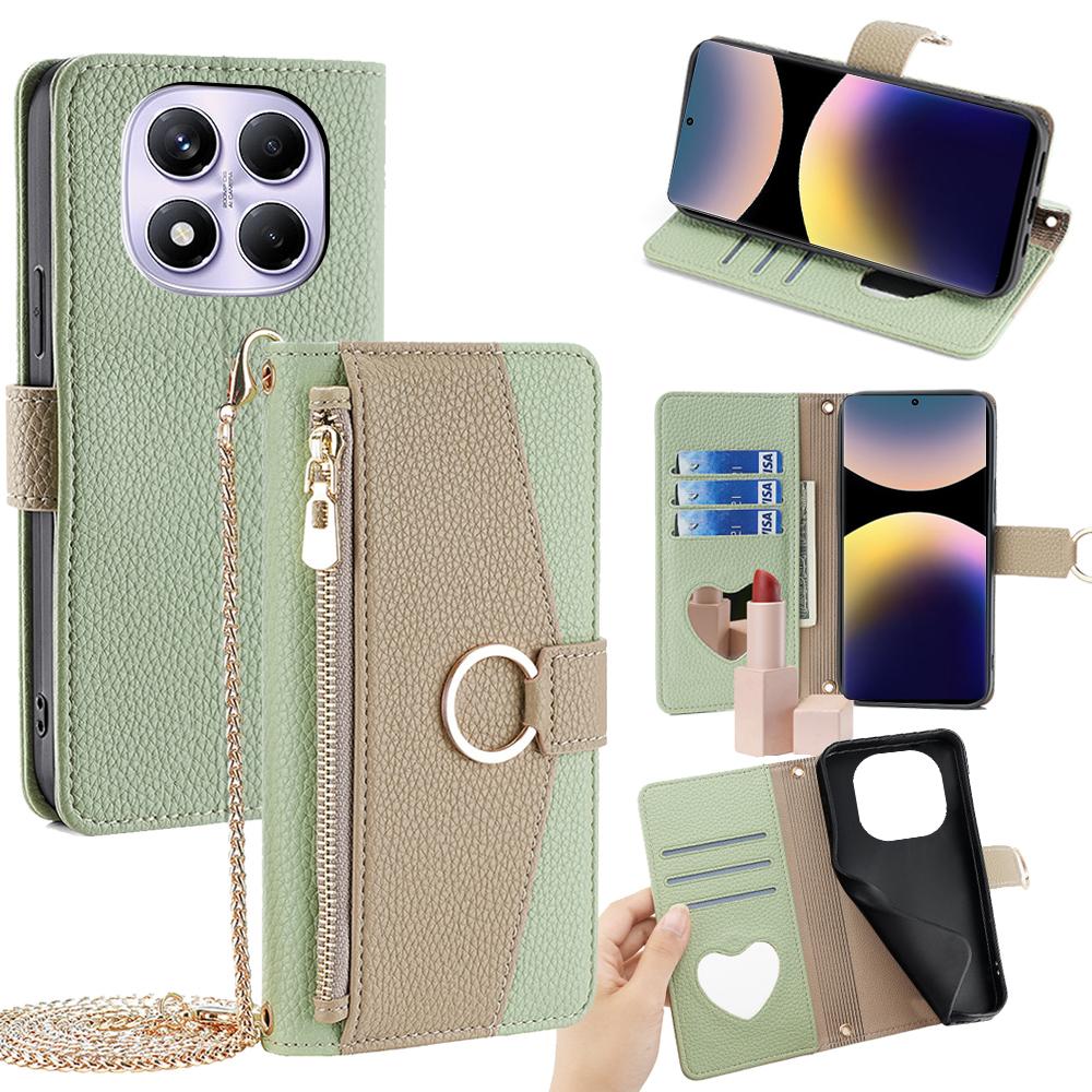Redmi Note 14 Pro 4G Crossbody Phone Case with Litchi Texture Leather, Adjustable Kickstand, Card Slots, Zipper Purse, Makeup Mirror, and TPU Protection
