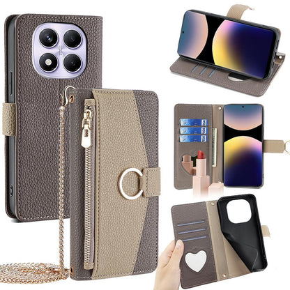 Redmi Note 14 Pro 4G Crossbody Phone Case with Litchi Texture Leather, Adjustable Kickstand, Card Slots, Zipper Purse, Makeup Mirror, and TPU Protection