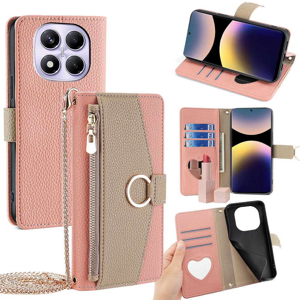 Redmi Note 14 Pro 4G Crossbody Phone Case with Litchi Texture Leather, Adjustable Kickstand, Card Slots, Zipper Purse, Makeup Mirror, and TPU Protection