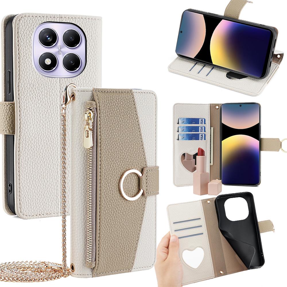 Redmi Note 14 Pro 4G Crossbody Phone Case with Litchi Texture Leather, Adjustable Kickstand, Card Slots, Zipper Purse, Makeup Mirror, and TPU Protection
