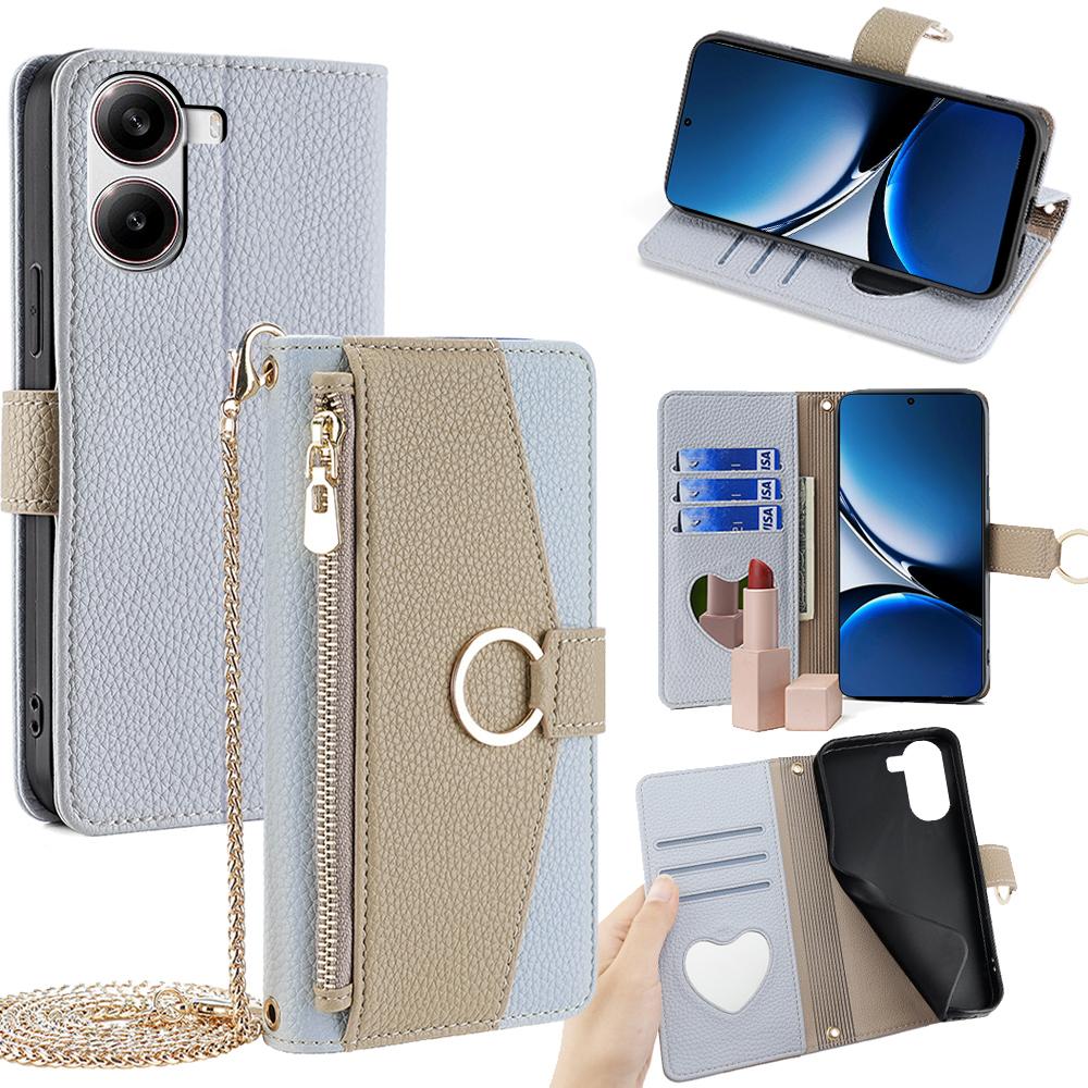 Redmi Turbo 4 Crossbody Phone Case with Litchi Texture Leather, Adjustable Kickstand, Card Slots, Zipper Purse, Makeup Mirror, and TPU Protection