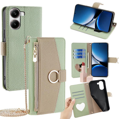 Xiaomi Poco X7 Pro 5G Crossbody Phone Case with Litchi Texture Leather, Adjustable Kickstand, Card Slots, Zipper Purse, Makeup Mirror, and TPU Protection