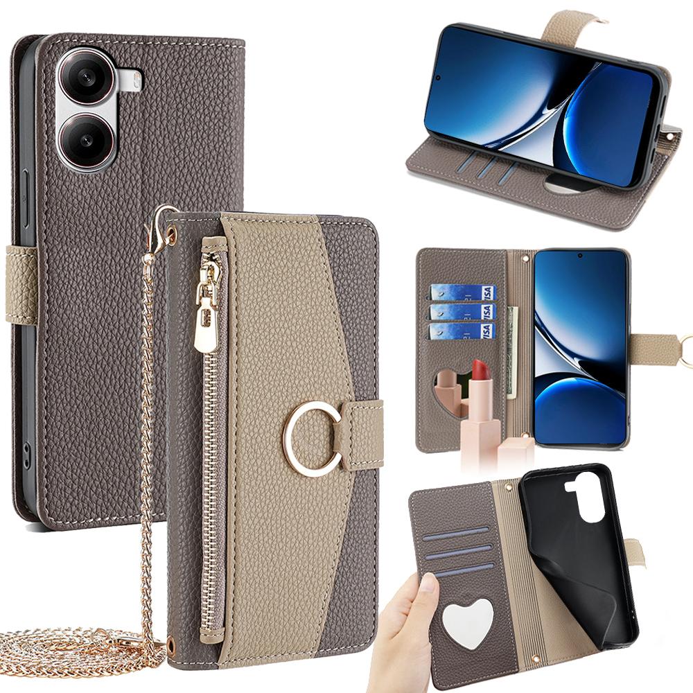 Xiaomi Poco X7 Pro 5G Crossbody Phone Case with Litchi Texture Leather, Adjustable Kickstand, Card Slots, Zipper Purse, Makeup Mirror, and TPU Protection