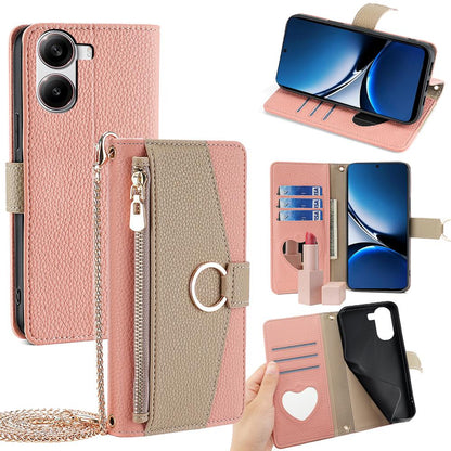 Redmi Turbo 4 Crossbody Phone Case with Litchi Texture Leather, Adjustable Kickstand, Card Slots, Zipper Purse, Makeup Mirror, and TPU Protection