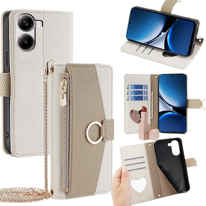 Redmi Turbo 4 Crossbody Phone Case with Litchi Texture Leather, Adjustable Kickstand, Card Slots, Zipper Purse, Makeup Mirror, and TPU Protection