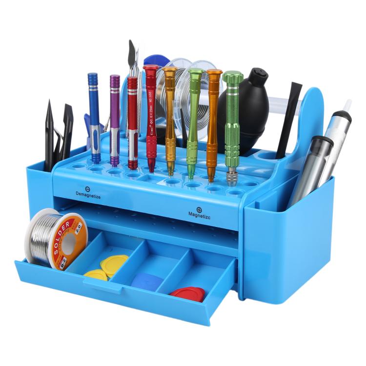 Blue Screwdriver and Electronic Component Storage Organizer with Multi-Compartment Design and Side Storage Slots