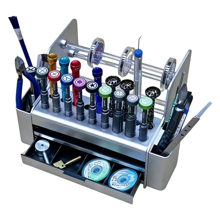 Silver Multi-Compartment Screwdriver & Component Storage Organizer for Tools and Electronics