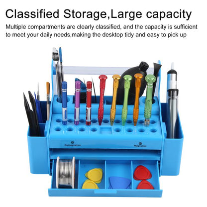 Blue Screwdriver and Electronic Component Storage Organizer with Multi-Compartment Design and Side Storage Slots