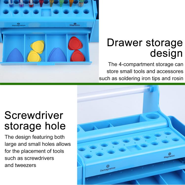 Blue Screwdriver and Electronic Component Storage Organizer with Multi-Compartment Design and Side Storage Slots