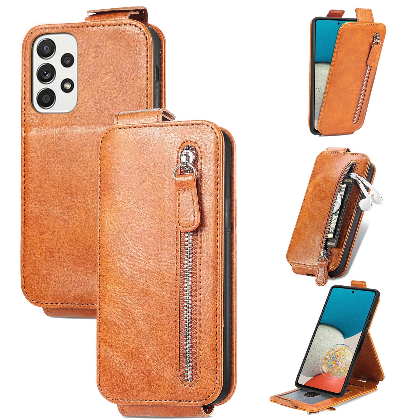 Samsung Galaxy A73 5G Zipper Wallet Case - Vertical Flip Leather Phone Cover with Multiple Card Slots and Stand