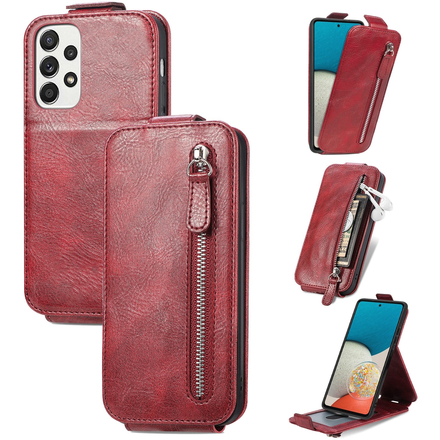 Samsung Galaxy A73 5G Zipper Wallet Case - Vertical Flip Leather Phone Cover with Multiple Card Slots and Stand