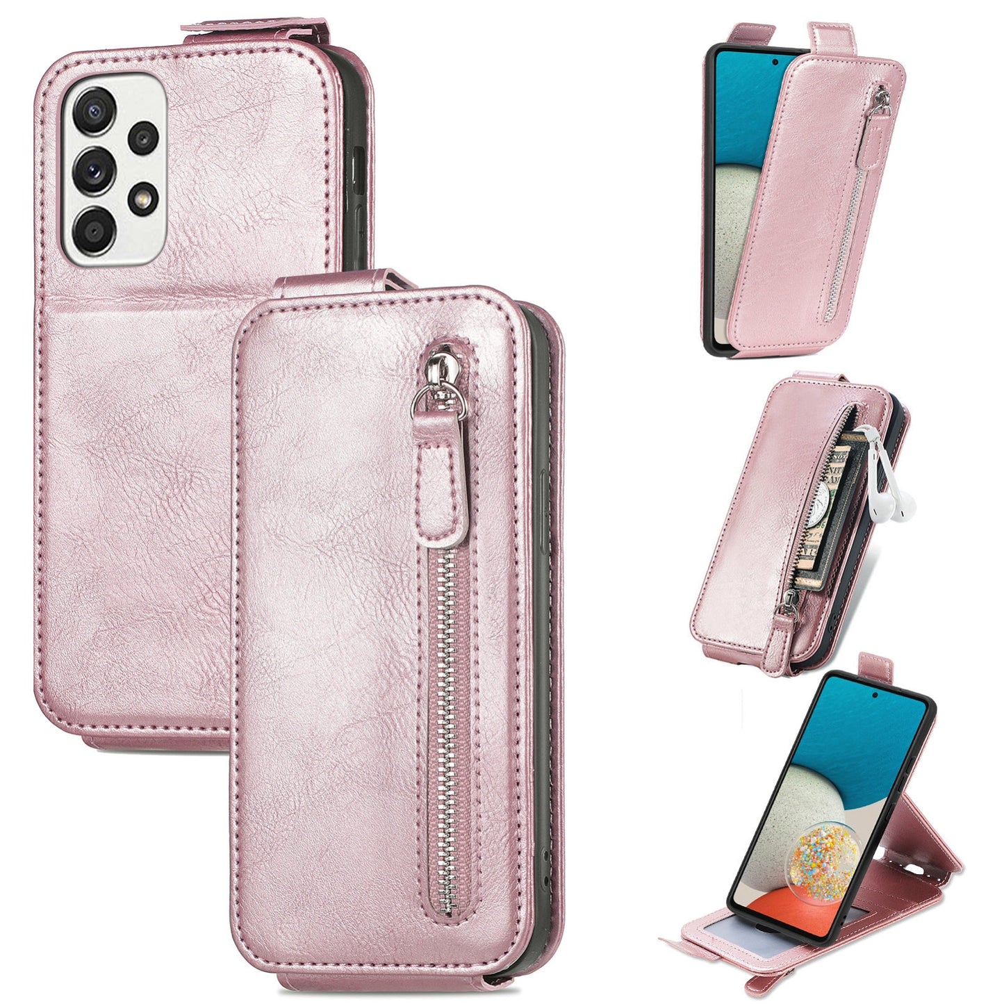 Samsung Galaxy A73 5G Zipper Wallet Case - Vertical Flip Leather Phone Cover with Multiple Card Slots and Stand