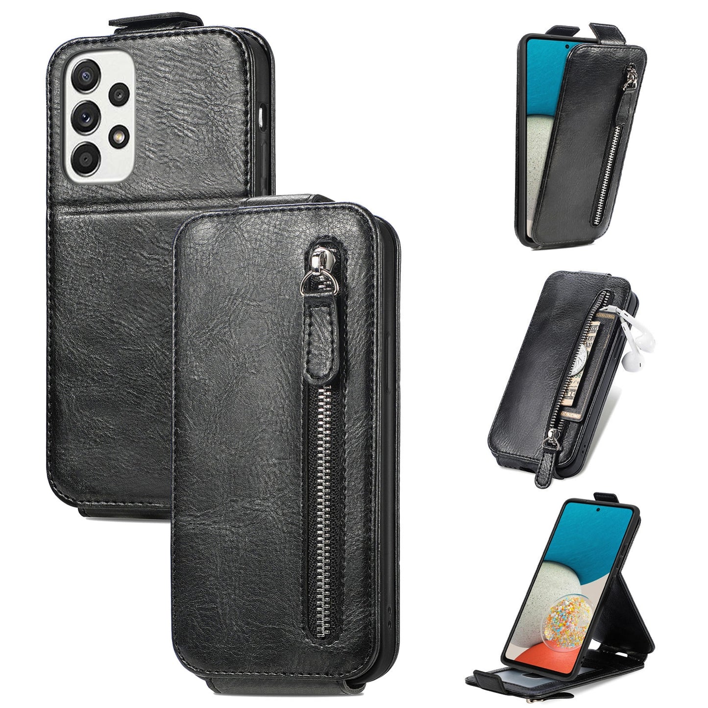 Samsung Galaxy A53 5G Zipper Wallet Case - Vertical Flip Leather Phone Cover with Multiple Card Slots and Stand