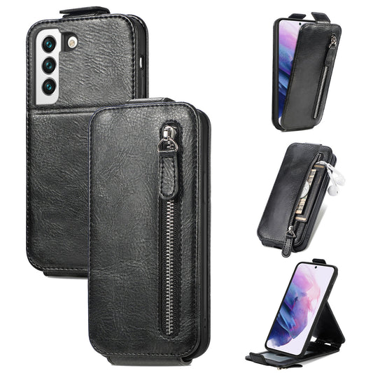 Samsung Galaxy S22 5G Zipper Wallet Case - Vertical Flip Leather Phone Cover with Multiple Card Slots and Stand