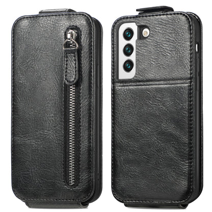 Samsung Galaxy S22 5G Zipper Wallet Case - Vertical Flip Leather Phone Cover with Multiple Card Slots and Stand