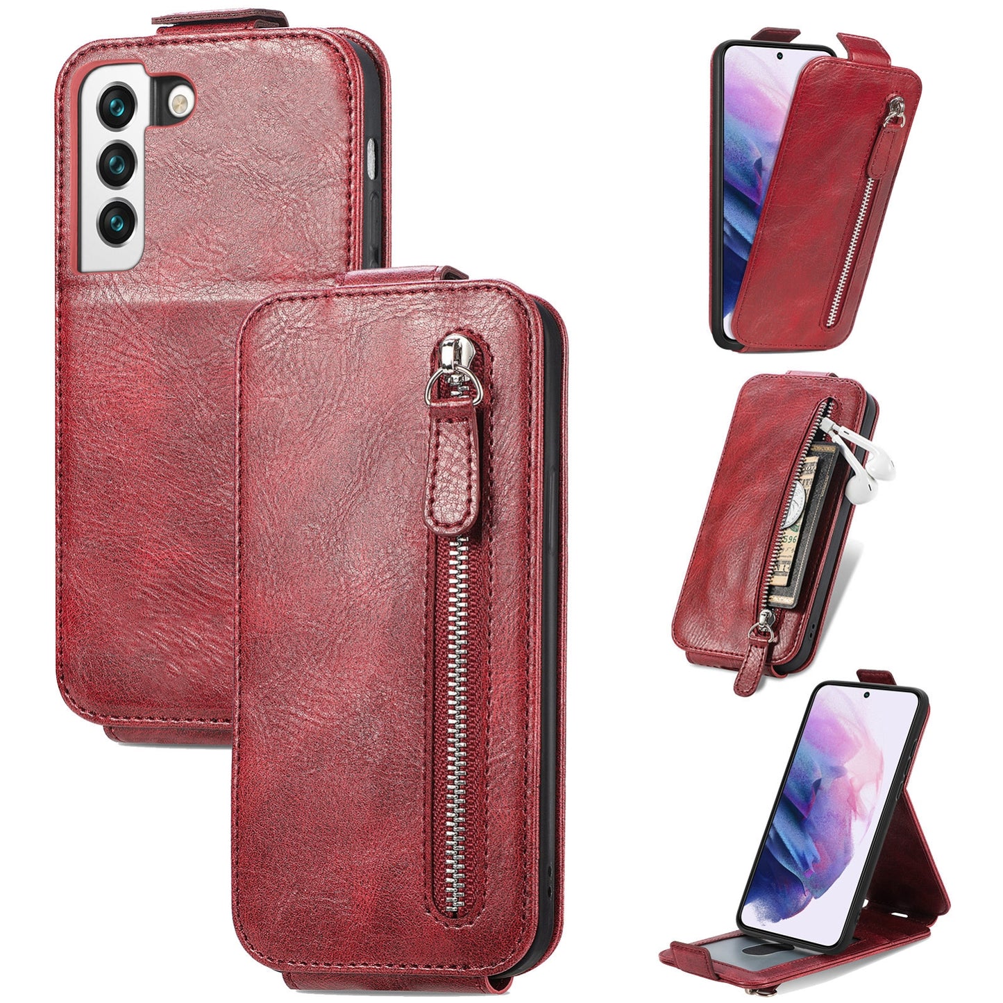 Samsung Galaxy S22 5G Zipper Wallet Case - Vertical Flip Leather Phone Cover with Multiple Card Slots and Stand