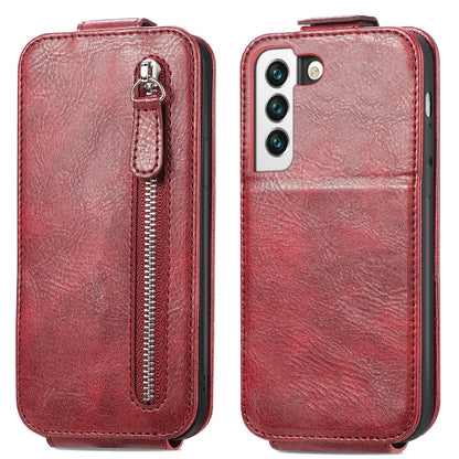 Samsung Galaxy S22 5G Zipper Wallet Case - Vertical Flip Leather Phone Cover with Multiple Card Slots and Stand