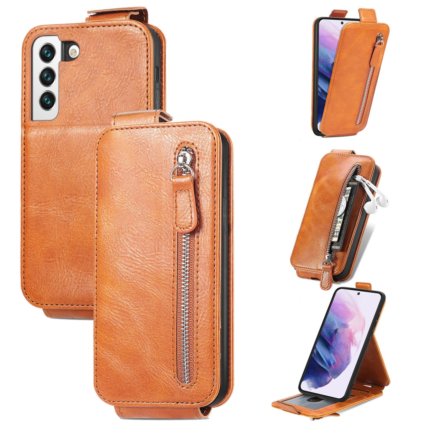 Samsung Galaxy S22 5G Zipper Wallet Case - Vertical Flip Leather Phone Cover with Multiple Card Slots and Stand