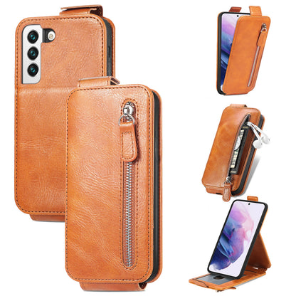 Samsung Galaxy S22 5G Zipper Wallet Case - Vertical Flip Leather Phone Cover with Multiple Card Slots and Stand