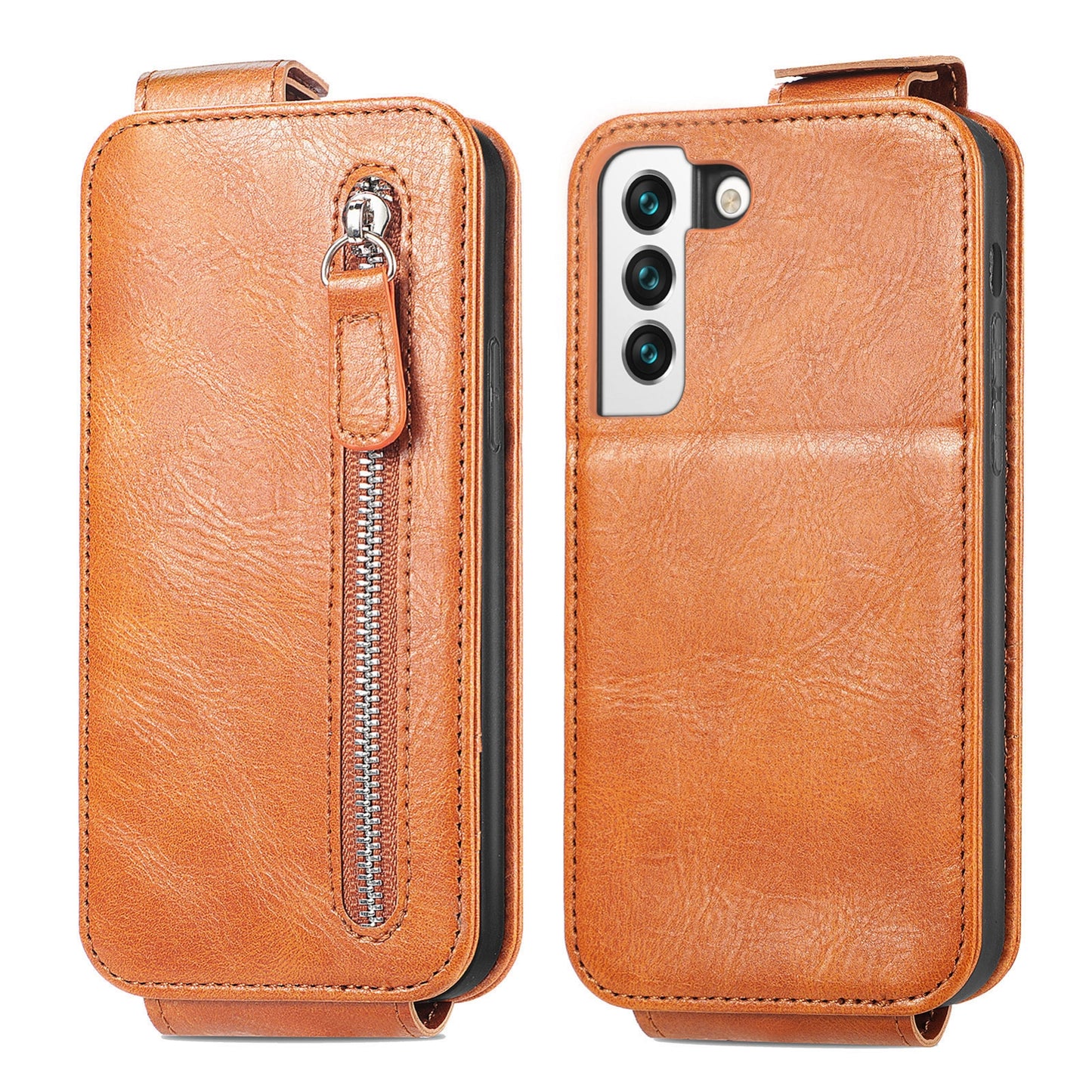 Samsung Galaxy S22 5G Zipper Wallet Case - Vertical Flip Leather Phone Cover with Multiple Card Slots and Stand