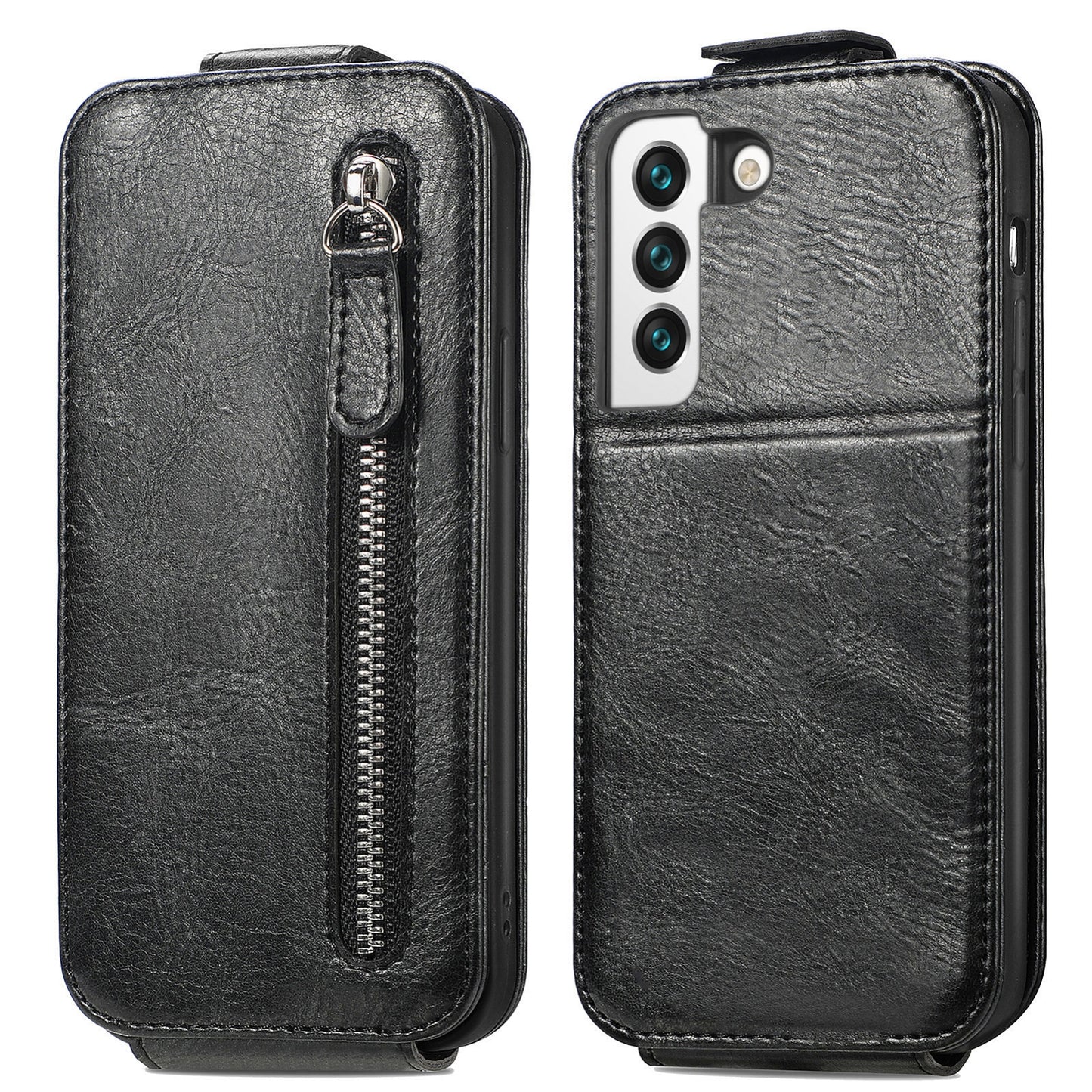 Samsung Galaxy S22 Plus 5G Zipper Wallet Case - Vertical Flip Leather Phone Cover with Multiple Card Slots and Stand