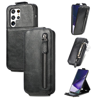 Samsung Galaxy S22 Ultra 5G Zipper Wallet Case - Vertical Flip Leather Phone Cover with Multiple Card Slots and Stand