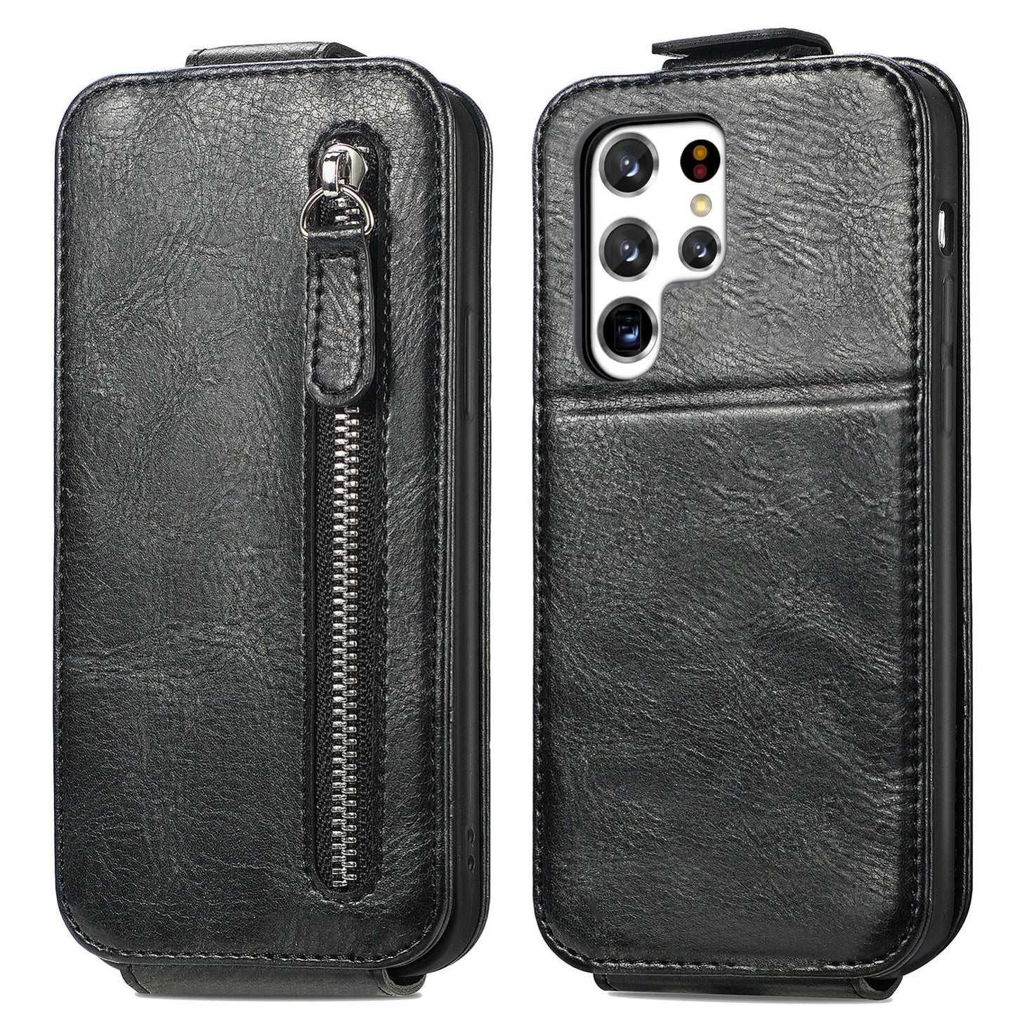 Samsung Galaxy S22 Ultra 5G Zipper Wallet Case - Vertical Flip Leather Phone Cover with Multiple Card Slots and Stand