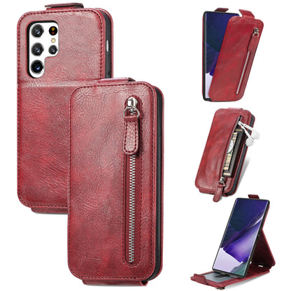 Samsung Galaxy S22 Ultra 5G Zipper Wallet Case - Vertical Flip Leather Phone Cover with Multiple Card Slots and Stand