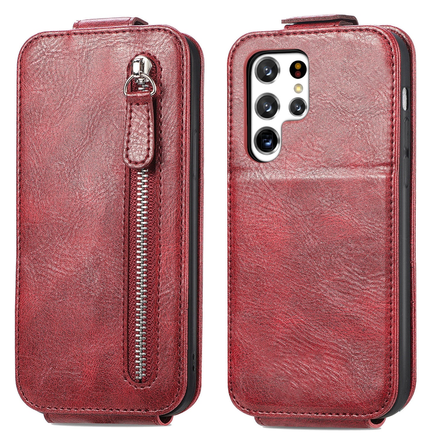 Samsung Galaxy S22 Ultra 5G Zipper Wallet Case - Vertical Flip Leather Phone Cover with Multiple Card Slots and Stand