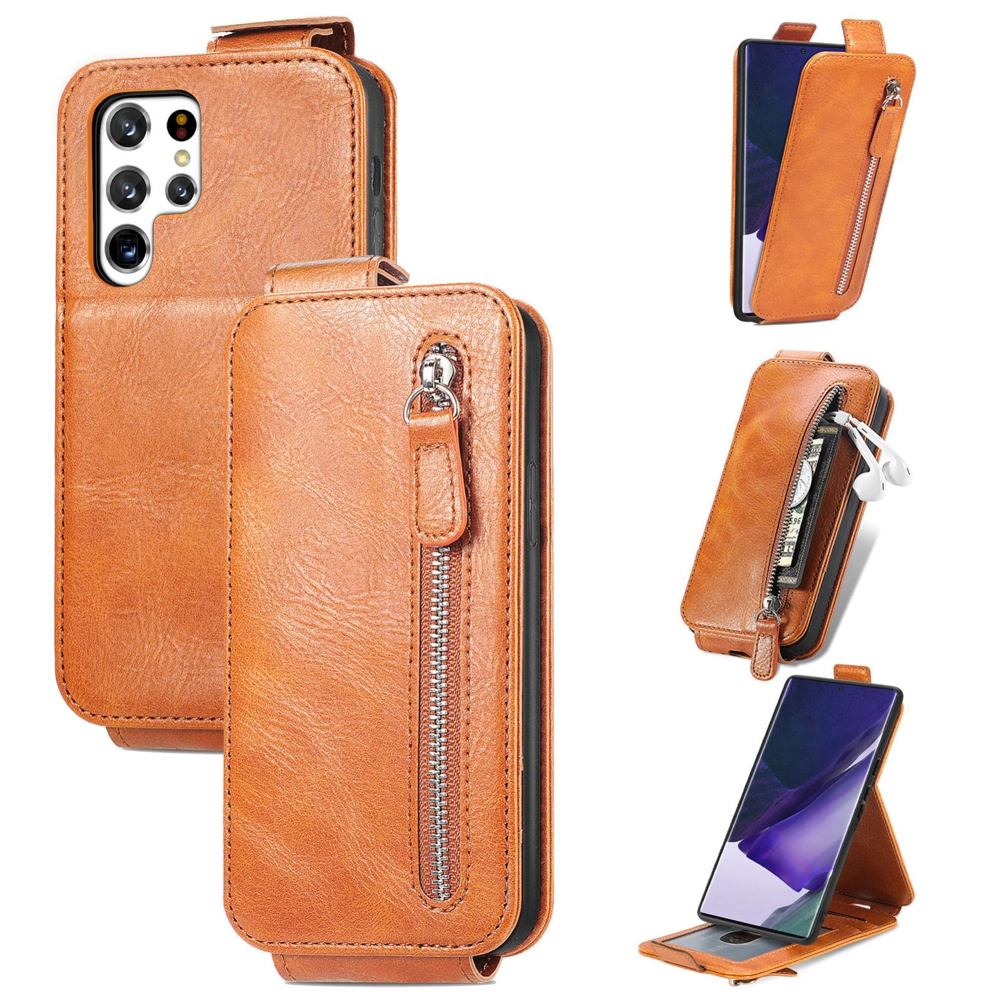 Samsung Galaxy S22 Ultra 5G Zipper Wallet Case - Vertical Flip Leather Phone Cover with Multiple Card Slots and Stand