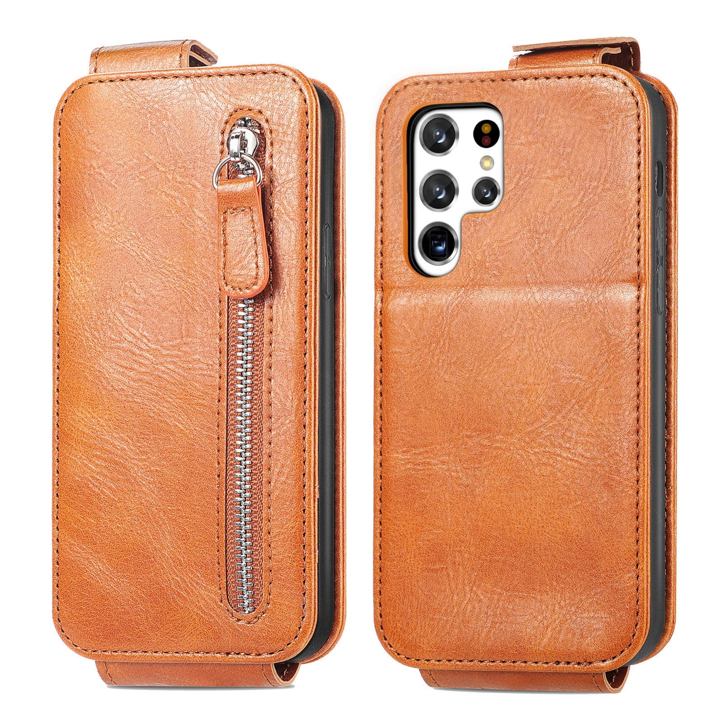 Samsung Galaxy S22 Ultra 5G Zipper Wallet Case - Vertical Flip Leather Phone Cover with Multiple Card Slots and Stand