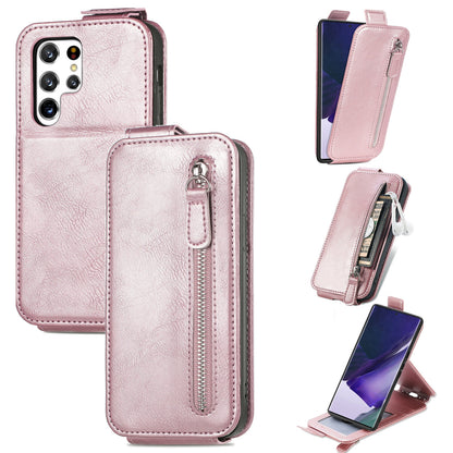 Samsung Galaxy S22 Ultra 5G Zipper Wallet Case - Vertical Flip Leather Phone Cover with Multiple Card Slots and Stand