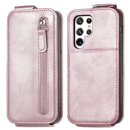 Samsung Galaxy S22 Ultra 5G Zipper Wallet Case - Vertical Flip Leather Phone Cover with Multiple Card Slots and Stand