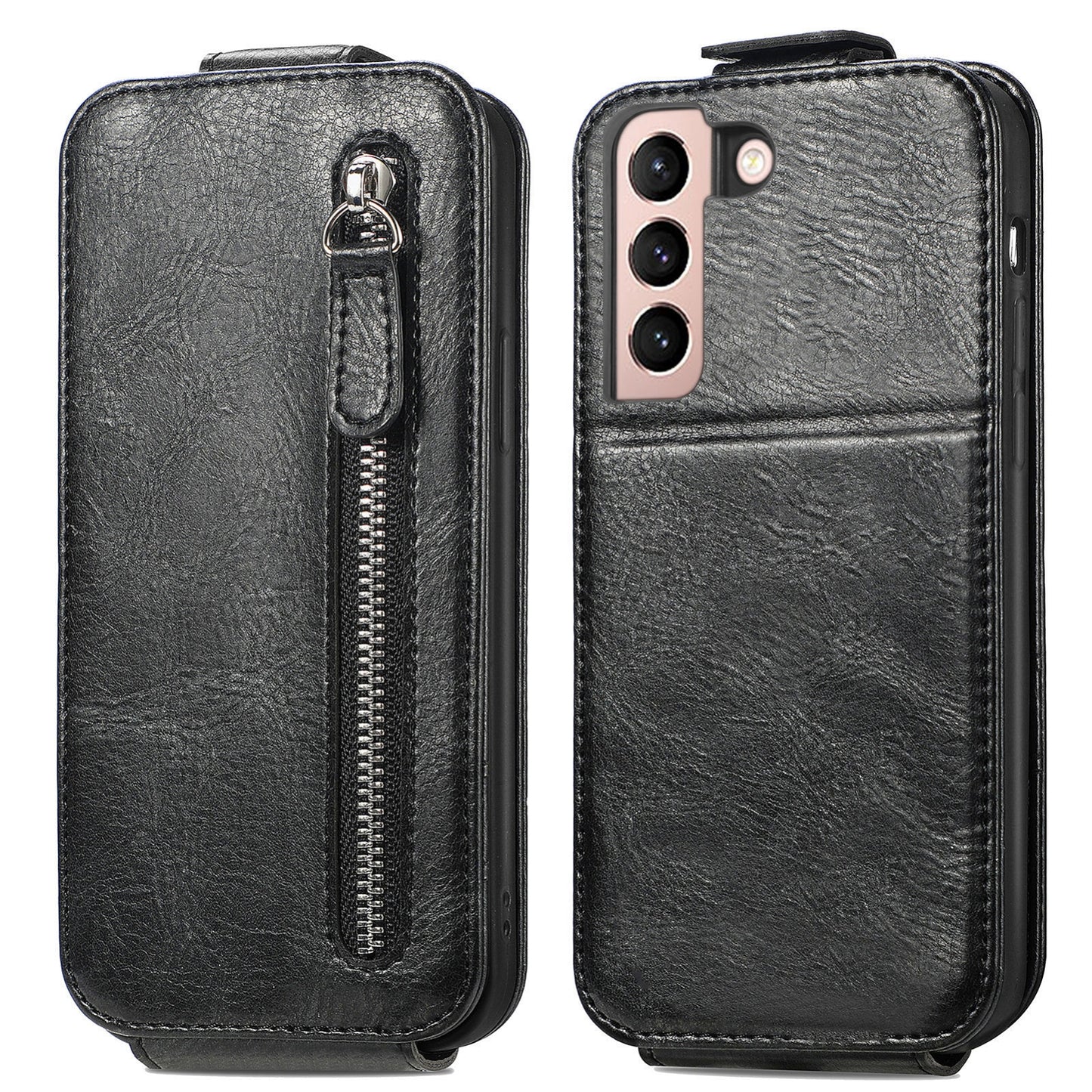 Samsung Galaxy S21 5G Zipper Wallet Case - Vertical Flip Leather Phone Cover with Multiple Card Slots and Stand