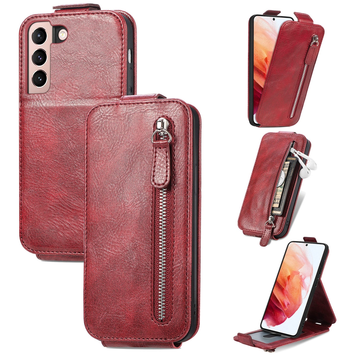 Samsung Galaxy S21 5G Zipper Wallet Case - Vertical Flip Leather Phone Cover with Multiple Card Slots and Stand