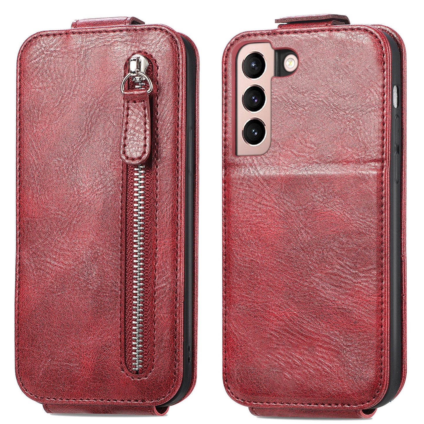 Samsung Galaxy S21 5G Zipper Wallet Case - Vertical Flip Leather Phone Cover with Multiple Card Slots and Stand