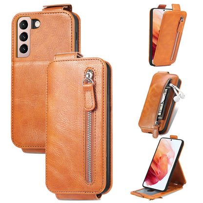 Samsung Galaxy S21 5G Zipper Wallet Case - Vertical Flip Leather Phone Cover with Multiple Card Slots and Stand