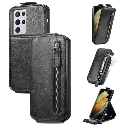 Samsung Galaxy S21 Ultra Zipper Wallet Case - Vertical Flip Leather Phone Cover with Multiple Card Slots and Stand