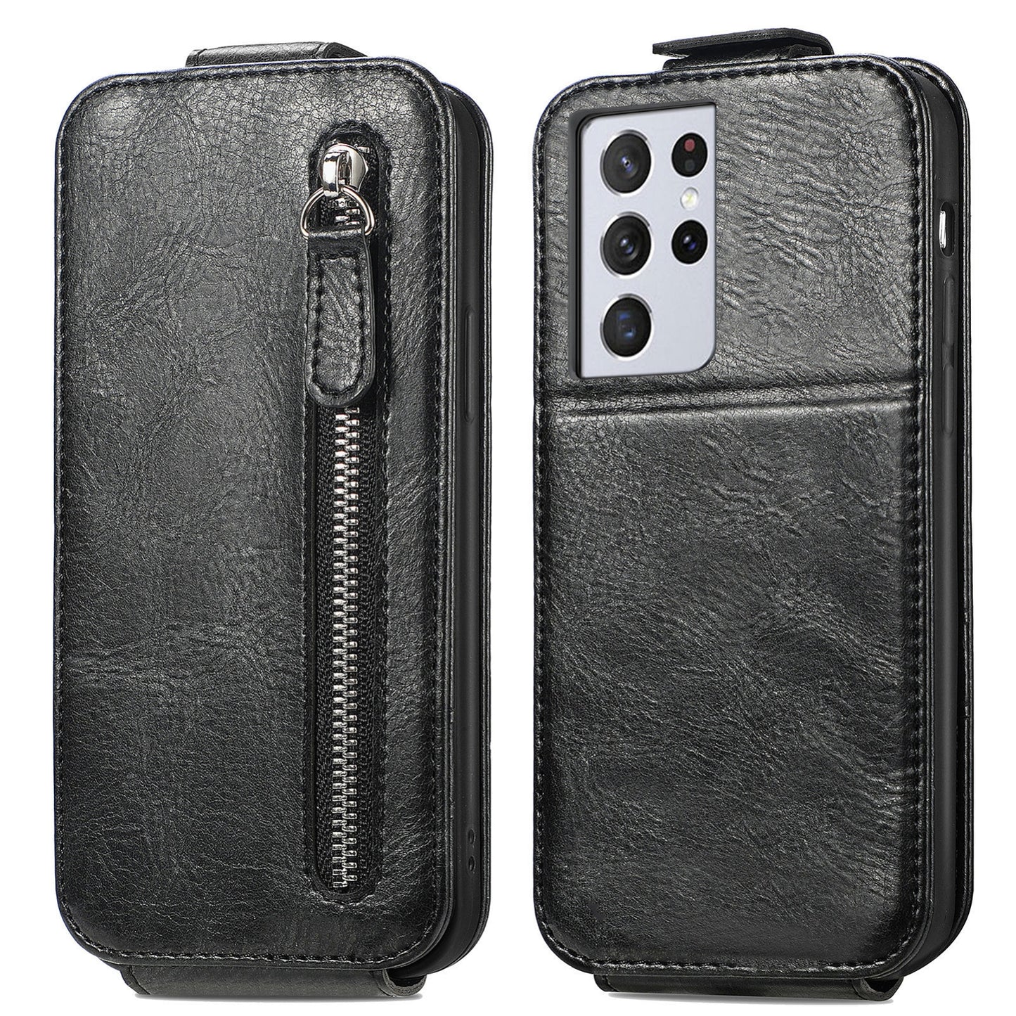 Samsung Galaxy S21 Ultra Zipper Wallet Case - Vertical Flip Leather Phone Cover with Multiple Card Slots and Stand