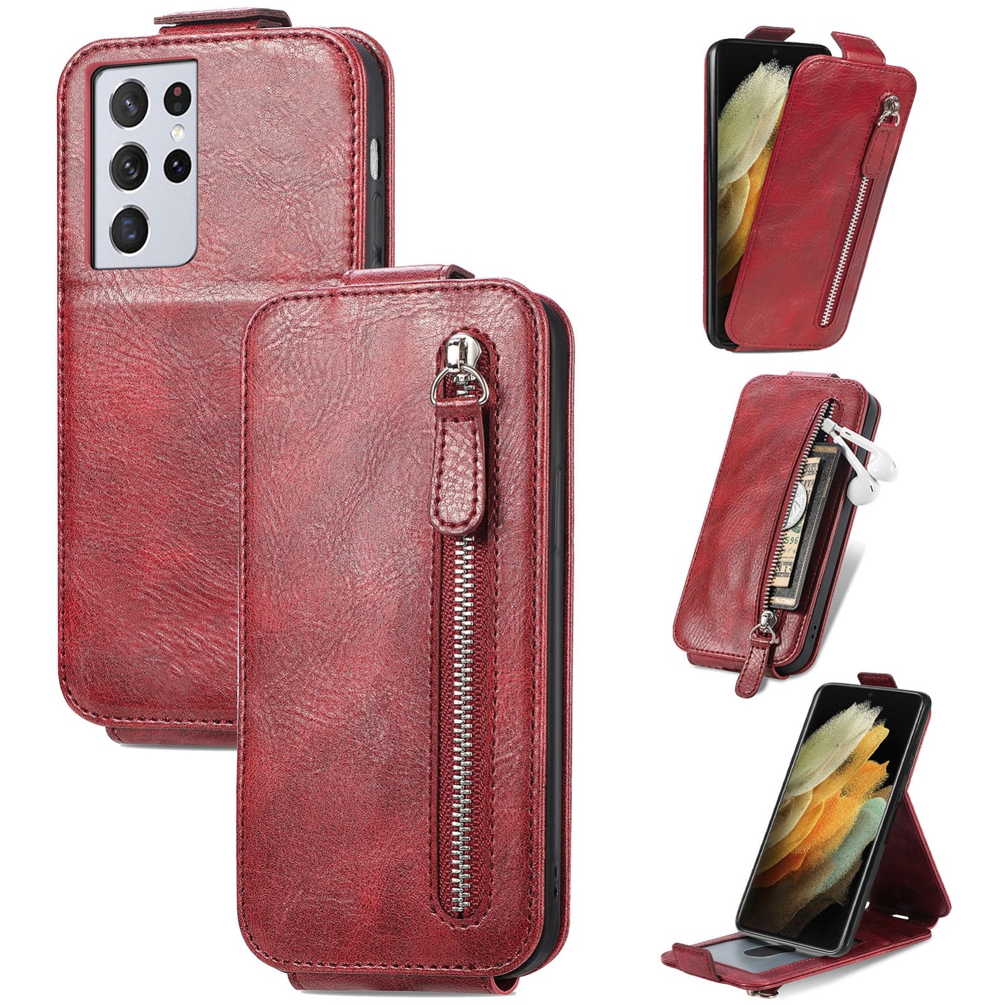 Samsung Galaxy S21 Ultra Zipper Wallet Case - Vertical Flip Leather Phone Cover with Multiple Card Slots and Stand