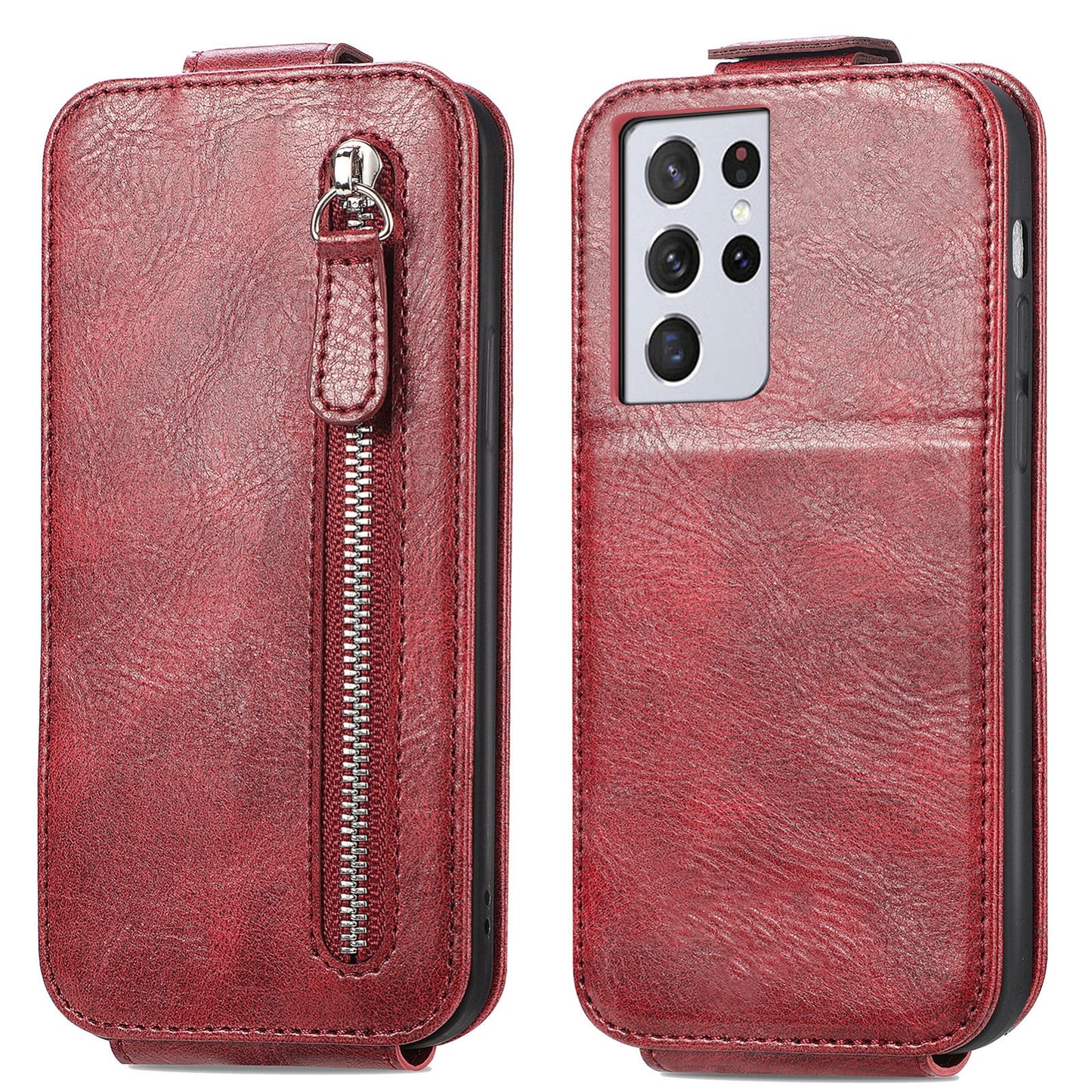 Samsung Galaxy S21 Ultra Zipper Wallet Case - Vertical Flip Leather Phone Cover with Multiple Card Slots and Stand