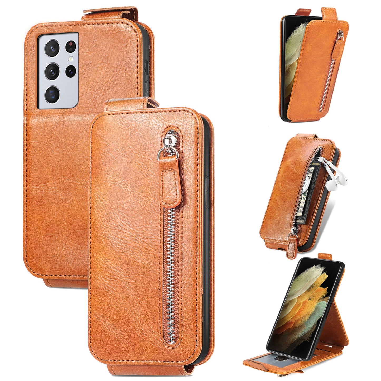 Samsung Galaxy S21 Ultra Zipper Wallet Case - Vertical Flip Leather Phone Cover with Multiple Card Slots and Stand