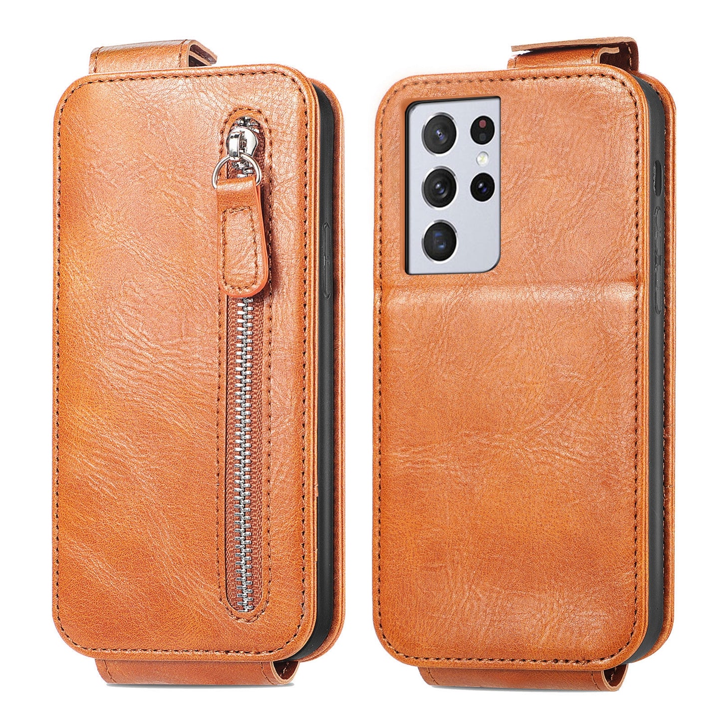 Samsung Galaxy S21 Ultra Zipper Wallet Case - Vertical Flip Leather Phone Cover with Multiple Card Slots and Stand