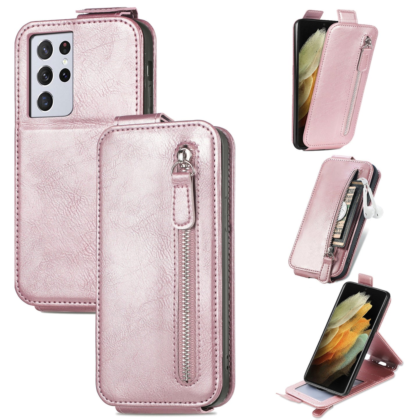 Samsung Galaxy S21 Ultra Zipper Wallet Case - Vertical Flip Leather Phone Cover with Multiple Card Slots and Stand