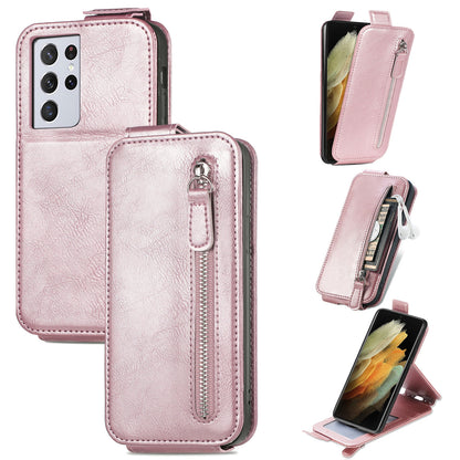 Samsung Galaxy S21 Ultra Zipper Wallet Case - Vertical Flip Leather Phone Cover with Multiple Card Slots and Stand