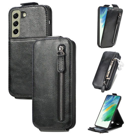 Samsung Galaxy S21 FE 5G Zipper Wallet Case - Vertical Flip Leather Phone Cover with Multiple Card Slots and Stand