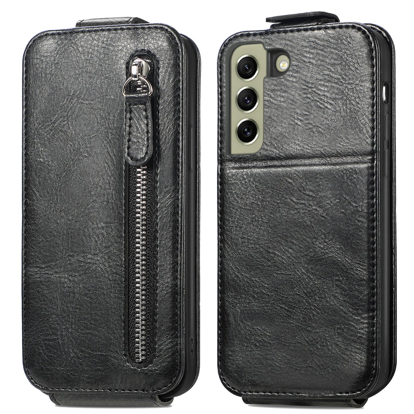 Samsung Galaxy S21 FE 5G Zipper Wallet Case - Vertical Flip Leather Phone Cover with Multiple Card Slots and Stand