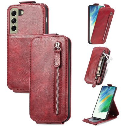 Samsung Galaxy S21 FE 5G Zipper Wallet Case - Vertical Flip Leather Phone Cover with Multiple Card Slots and Stand